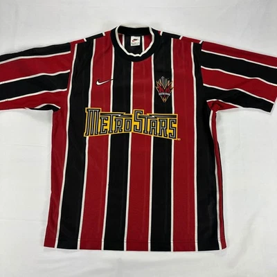 MetroStars Nike MLS Soccer Jersey Red Black Striped Vintage USA Made Medium - Image 1 of 4