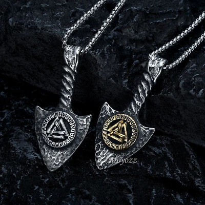 Stainless Steel Mens Norse Viking Arrowhead Valknut Pendant Necklace Men Gift - Image 1 of 4