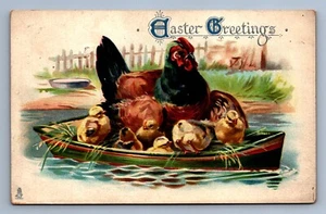 Postcard Vtg Tuck's Easter Gladness Greetings Chicken Chicks Boat No 715 - Picture 1 of 2