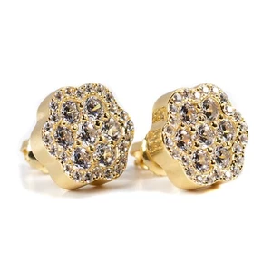 Men's Large Flower Set Gold Plated 925 Sterling Silver Iced Cz Cluster Earrings - Picture 1 of 6