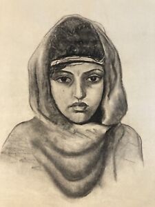 Beau Fusain portrait Jeune Femme Voile orientaliste orientalisme 1940 Maghreb