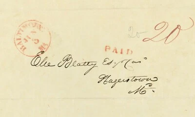 1837 Stampless Cover Baltimore MD ( Red Paid 20 ) - Image 1 of 3