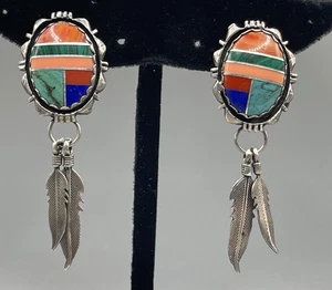 Pendientes Charlie John CJ Firmados Navajo Esterlina Multi Piedras Preciosas Incrustación 11.1 gr - Imagen 1 de 4