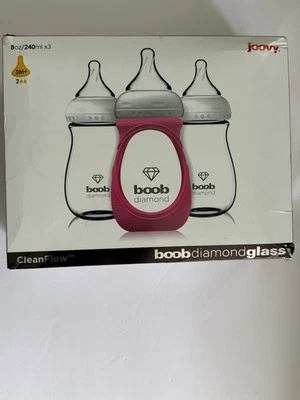 3 biberones de vidrio diamante NEWJoovy CleanFlow Boob 8 oz una manga rosa caja abierta Foto 1 de 3