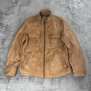Guess Leather Jacket Men’s XL Tan Brown Full Zip Moto Style Pockets Vintage - Picture 1 of 7