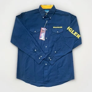 Neu mit Etikett Wrangler Herren L/S blau Hemd Knopfleiste gelb Logo gesticktes Design - L - Bild 1 von 3