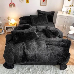 Faux Fur Black Comforter Set Twin/Full - 3PC Plush Velvet Fluffy Bedding - Picture 1 of 7