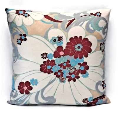 Modern Retro Linen Botanical 18" Decorative Throw Pillow Cover  Cream Turquoise - Image 1 of 4