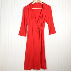 Fresh Produce Wrap Dress Women's M Red Solid Stretch 3/4 Sleeve Casual Tie USA - Picture 1 of 4
