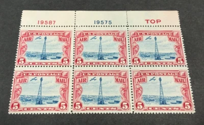 US C11 high flying 1928 Beacon Plate Block of 6 Mint Hinged OG  19587 19575 TOP - Image 1 of 2
