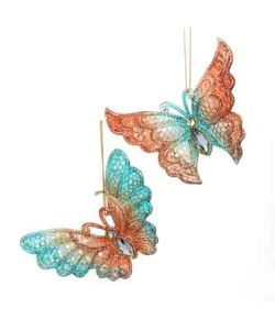Set of 2 TEAL & DESERT ROSE BUTTERFLY Christmas Ornaments by Kurt Adler - Picture 1 of 1