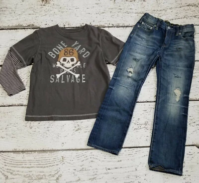 GAP KIDS 6 7 Boys Bone Yard Salvage Gray Skull Tee and Jeans Small  VGUC 6-7 - Image 1 of 4