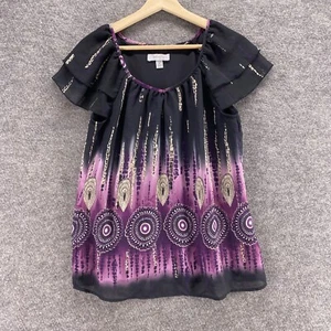 Dressbarn Blouse Women M Medium Black Geometric V-Neck Short Sleeve Pullover - Picture 1 of 7