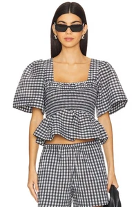 NEW Ganni Egret Check Seersucker Peplum Top Sz 44 NWT $255 - Picture 1 of 21