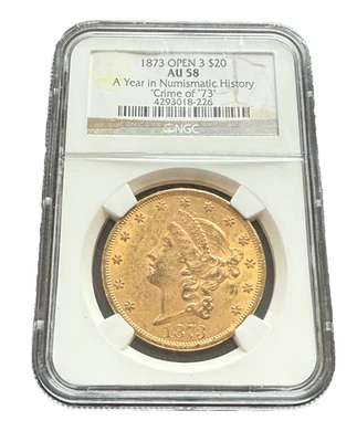 US 1873 OPEN 3 Gold $20 20 Dollars NGC AU58 Double Eagle Liberty Head - Image 1 of 2