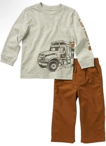 Carhartt Kleinkind 9M grau L/S Muldenkipper T-Shirt und braune Canvas Hose Set Neu mit Etikett - Bild 1 von 5