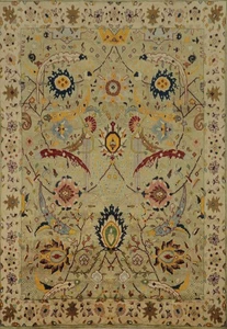 Green Floral Motif Rug Handmade Wool 9x12 Oushak Oriental Living Room Carpet - Picture 1 of 12