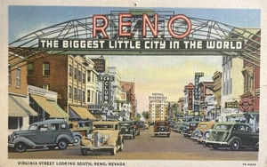 RENO, Nevada LINEN Postcard "VIRGINIA STREET Looking South" CURTEICH Linen 1937 - Picture 1 of 2