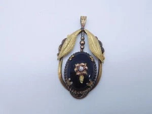 VICTORIAN MOURNING GOLD FILLED BLACK ONYX STONE FRENCH PASTE FLOWER PENDANT - Picture 1 of 8