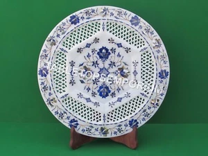 12" Round Marble White Plate Lapis Lazuli Precious Inlay Art Hallway Decor H4527 - Picture 1 of 6