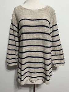 Coldwater Creek RN #98516 Linen/Silk Bateau Neck Sweater Beige w/Navy Fits L/PL - Picture 1 of 17
