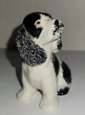 VTG Springer  Spaniel w/Spaghetti Ears Ceramic Figurine White & Black Dog Japan - Image 1 of 4