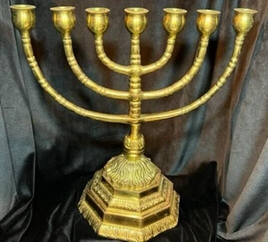 RARE Ornate 7 Branch Menorah Candlestick Holder Solid Brass Religious Worship - Picture 1 of 7