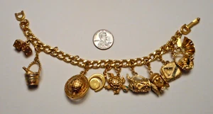 1960s Monet Gold-tone Charm Bracelet w 10 Charms Poodle Dice Suitcase Champagne+ - Picture 1 of 15