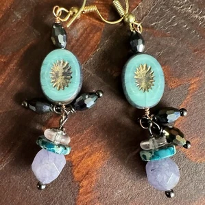 Purple And Teal Czech glass Flower Earrings - Picture 1 of 8