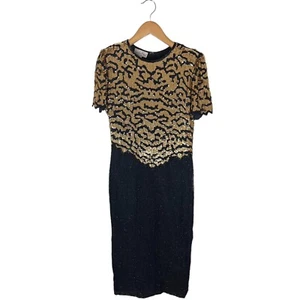 Vintage LAURENCE KAZAR Gown Dress Short Sleeve Embellished 100% Silk Black PXL - Picture 1 of 14