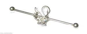 Industrial 3D Swan w/Clear Gem 14 Gauge 1-1/2" 4mm Balls Steel Barbell - Picture 1 of 3