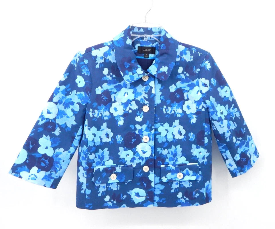 J CREW Chaqueta Blazer Recortado Algodón Elástico Floral Manga 3/4 Business Azul 2 Foto 1 de 4