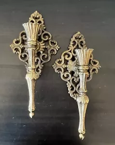 Vintage Hollywood Regency Candle Sconces Pair of 2 Ornate Gold Cast Metal - Picture 1 of 7