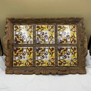 Vintage Ornate Wooden Tile Serving Tray w/ Handles - Picture 1 of 9
