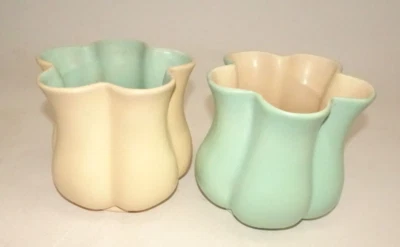 Pair Rumrill #500 Ruffled Art Pottery Vase USA Vintage Reverse Colors 5 1/2" Tal - Image 1 of 4