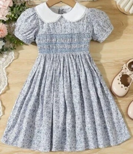 Girls Smocked Church Dress Floral Print Peacock Blue /Pink Boutique NEW - Picture 1 of 33