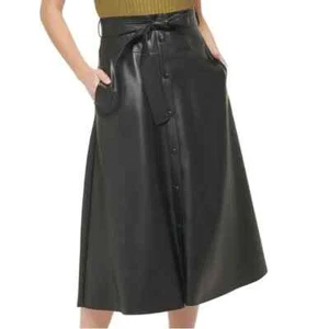 Calvin Klein Black Faux Leather Button Front Belted A-Line Midi Skirt - Picture 1 of 14
