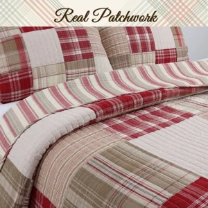 NEW! ~ COZY COUNTRY LODGE LOG CABIN RED BROWN IVORY BEIGE TAN PLAID QUILT SET - Picture 1 of 6
