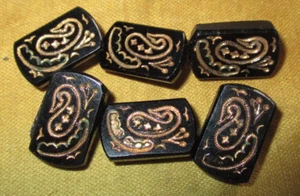 SET 6 ANTIQUE BUTTONS - OBLONG BLACK GLASS w GOLD INCISED PAINT PAISLEY DESIGNS - Picture 1 of 2