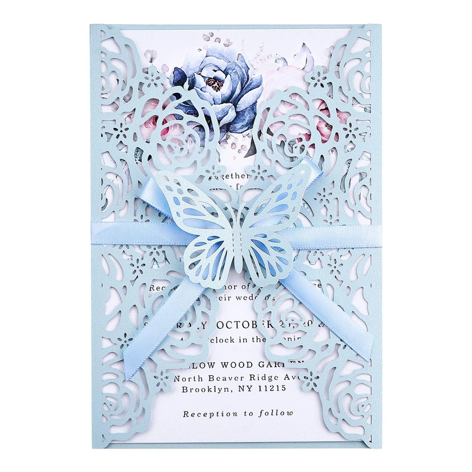 Juego de 50 invitaciones de boda azul claro mariposa corte láser invitaciones bolsillo... Foto 1 de 4
