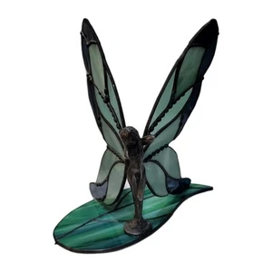 Vintage Pewter Stained Glass Fairy Butterfly Statue On Stained Glass Stand - Picture 1 of 9