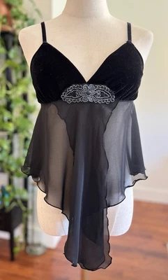 Sz S 90s RAMPAGE Black Velvet Chiffon Lingerie Tank Top Beaded Sheer Cami Shirt - Image 1 of 4
