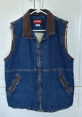 Chaleco Wrangler Vintage Azul Denim Sherpa Forrado Cremallera Completa Pana Acento Bolsillo M Foto 1 de 4