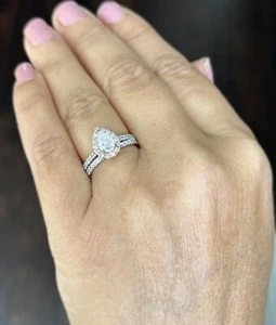 Pear Moissanite Engagement Ring And Band Halo 14k Solid White And Rose Gold 1.75 - Picture 1 of 13