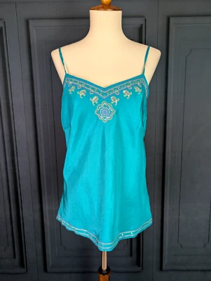 All Silk Beaded Pajamas Shirt Cabernet Sleepwear Turquoise Sequin Small Camisole - Image 1 of 4