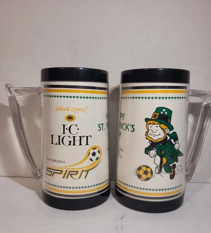 Lot of 2- I*C Light Pittsburgh Team Spirit St.Patrick 1985 Soccer Plastic Mugs Cover