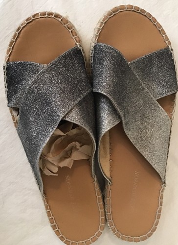 MBT sandalo zeppa bernson opaco argento glitter cinturino incrociato tela tessuto taglia 9