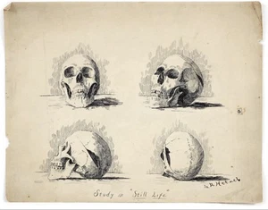 1890’s Lila Hetzel Pen & Ink Skulls Drawing - Picture 1 of 3