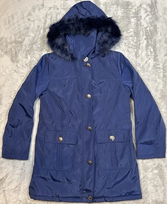 Abrigo Dennis Basso Mujer S Azul Parka Acolchado Imitación Piel Capucha Cremallera Completa Botón Solapa Foto 1 de 4