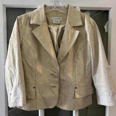 Chaqueta de cuero Newport News vintage para mujer 10 bolsillos blazer metálicos dorados Y2K Foto 1 de 4